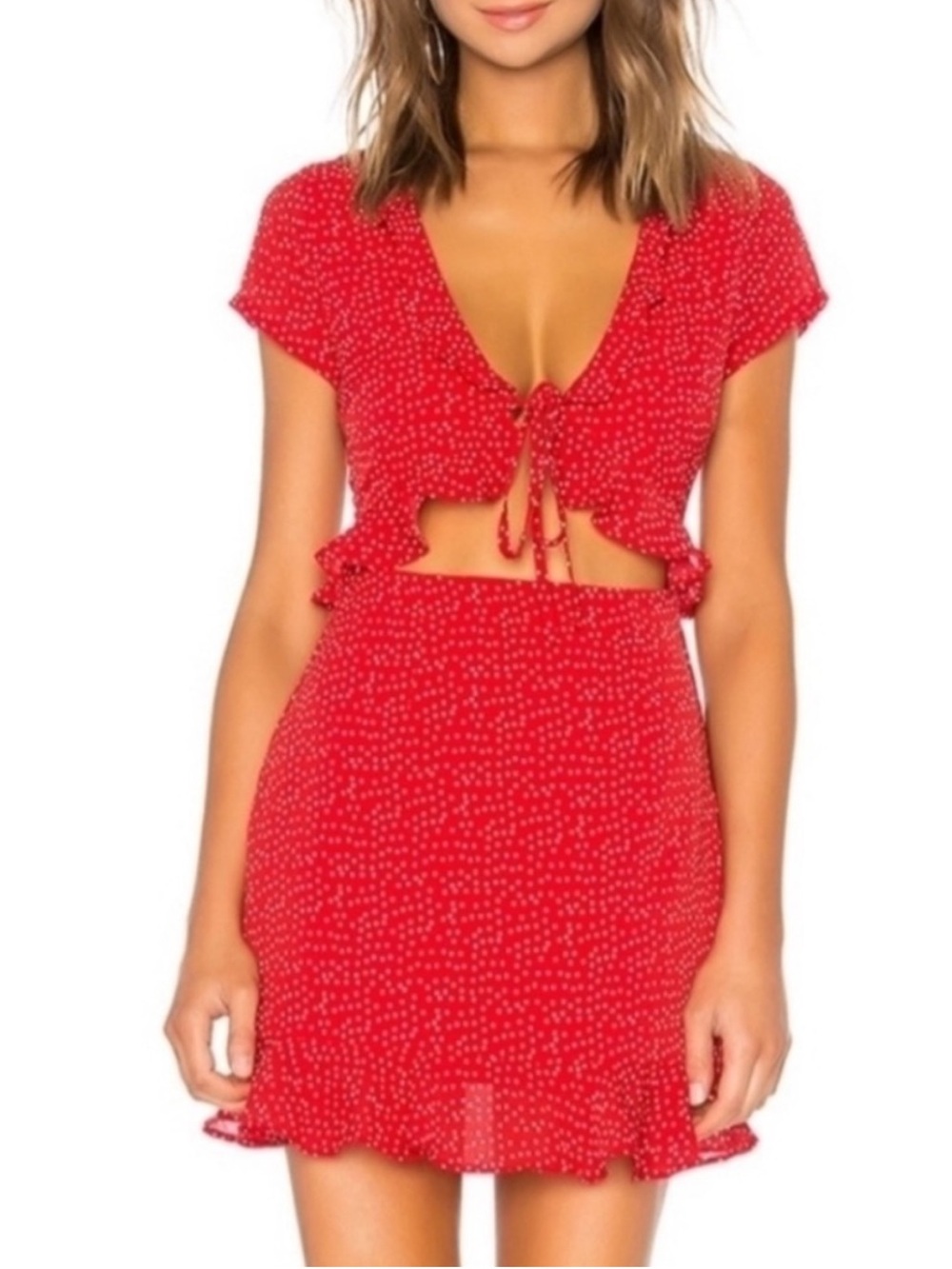 SUPERDOWN Mercy Red Polka Dot Cutout Mini Dress Size XS Coquette Ruffles
